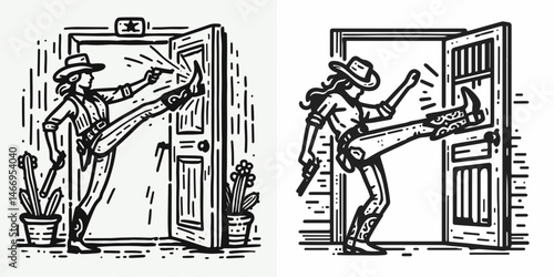 Cowgirl Kicking open saloon door. Western cowgirl Outline Clipart line art doodle vector illustration. woman boots slam tavern entry unleashing frontier lifestyle vibe.