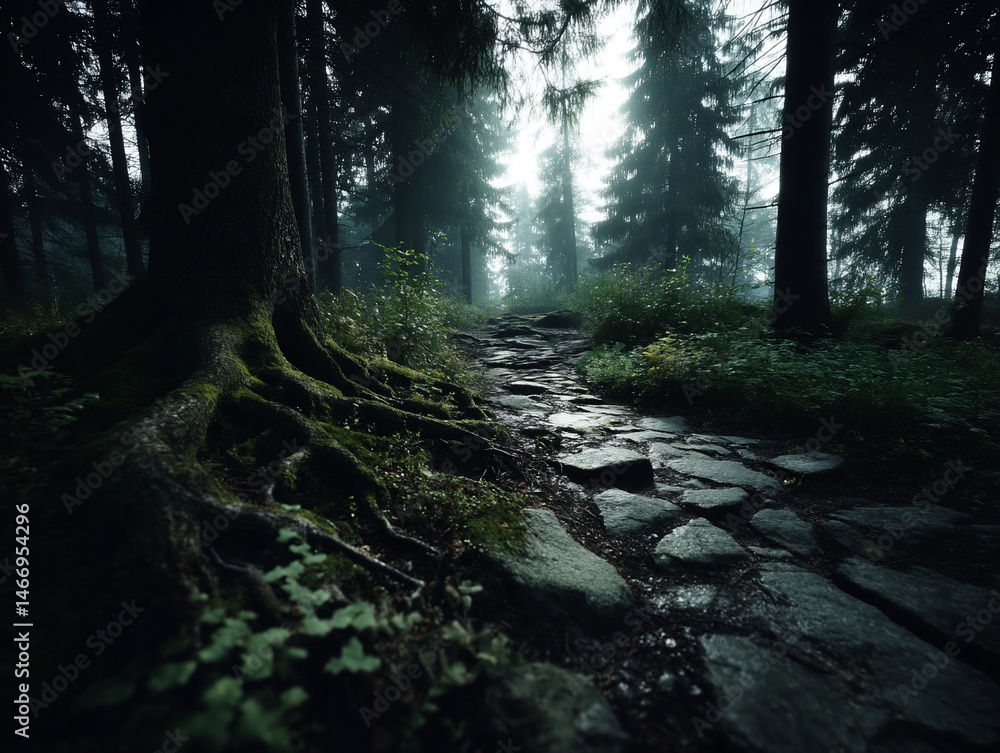 Obraz premium Misty forest path with ancient stones