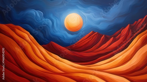 A vibrant, swirling painting of orange desert hills under a glowing sun and dynamic blue sky, creating a dramatic landscape scene.