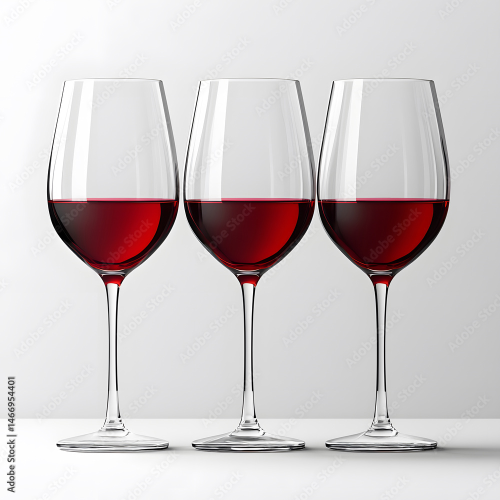 Symmetrical arrangement three red wine glasses placed indoors, highlighting the clarity, rich texture, and artistic elegance of liquid in modern, upscale dining or tasting setting.