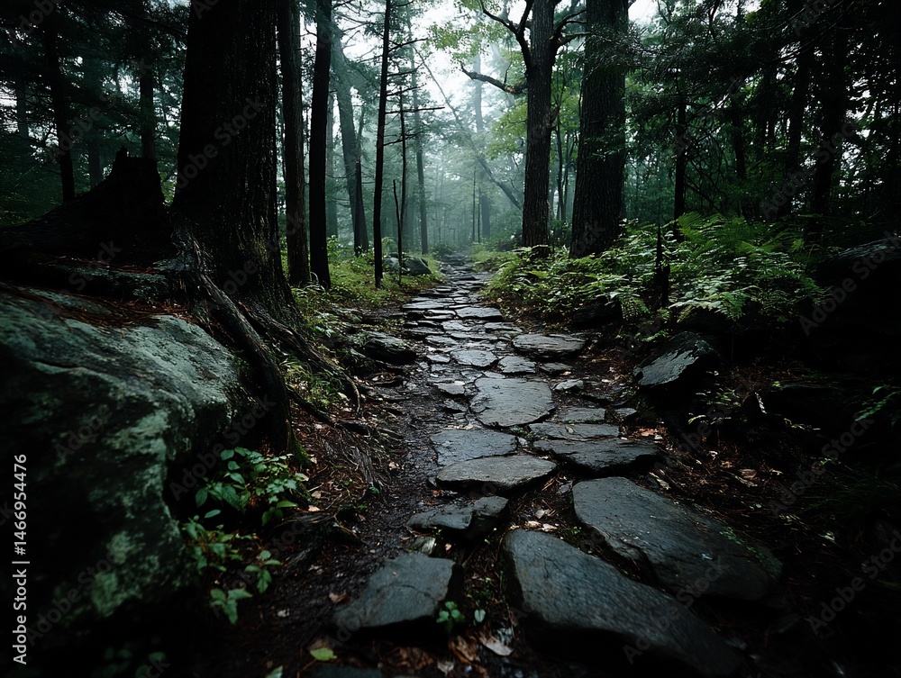 Fototapeta premium Misty forest path through stones