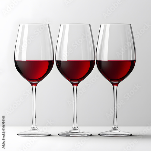 Obraz na płótnie Symmetrical arrangement three red wine glasses placed indoors, highlighting the clarity, rich texture, and artistic elegance of liquid in modern, upscale dining or tasting setting. w salonie