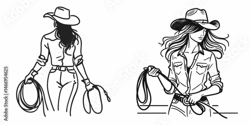 Cowgirl Holding reins. Western cowgirl Outline Clipart line art doodle vector illustration. Female equestrian grasping control tether heritage lifestyle portrait.