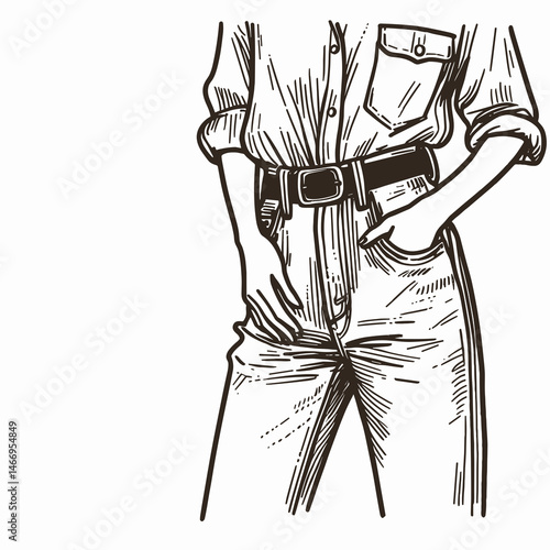 Cowgirl Hands in pockets. Western cowgirl Outline Clipart line art doodle vector illustration. Ranch maiden digits tucked attire calmness rural gesture.