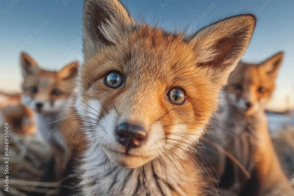 Fototapeta premium outdoor photography of adorable group of red fox kits looking down into the camera, perspective from below, wide angle lens, surrounded by wildflower meadow at golden hour