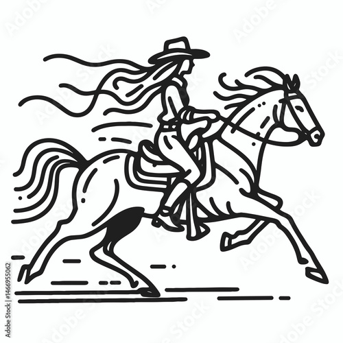 Wallpaper Mural Cowgirl Galloping horse. Western cowgirl Outline Clipart line art doodle vector illustration. rider atop racing equine adventure freedom country motion scene. Torontodigital.ca