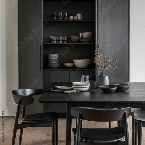 The sleek Swedish black dining table with four chairs and an open cabinet in the background. 