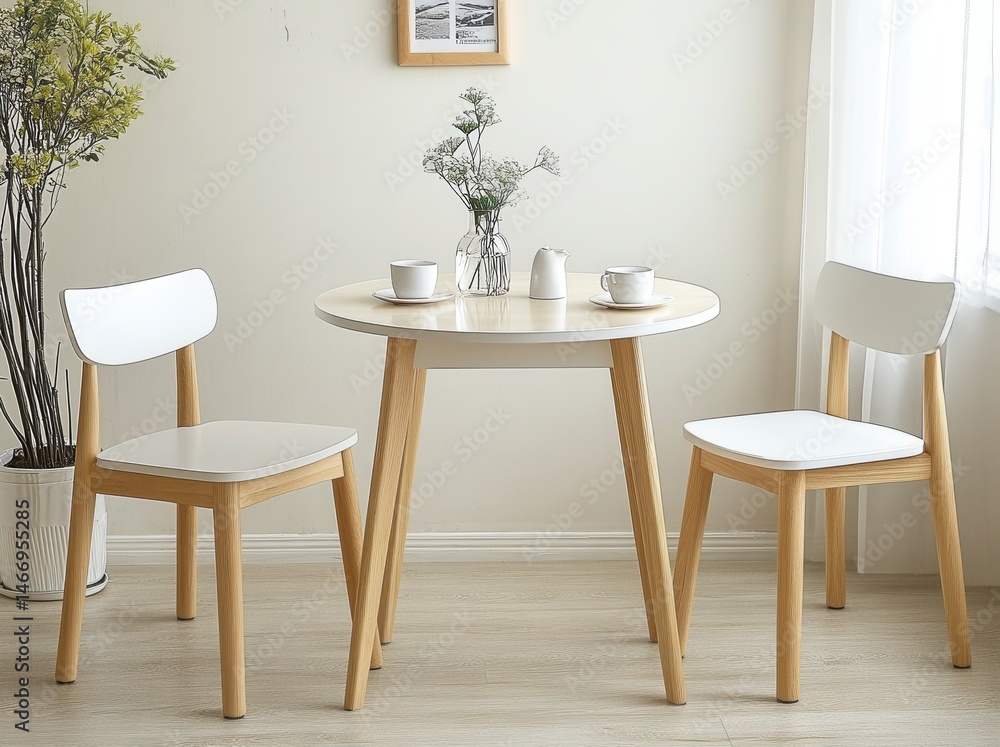 The small dining table, set with two chairs in white and light wood color, is perfect for your kitchen or living room. This spa The small dining table, set with two chairs in white and light wood color, is perfect for your kitchen or living room. This spa