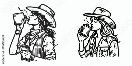 Cowgirl Drinking from flask. Western cowgirl Outline Clipart line art doodle vector illustration. Ranch female imbibing container lifestyle arid desert theme.