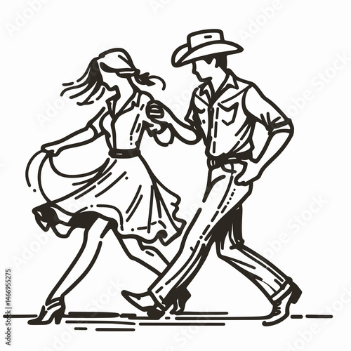 Cowgirl Dancing with partner. Western cowgirl Outline Clipart line art doodle vector illustration. gal amusement coupling rustic barn dance dance glee duet frolic.