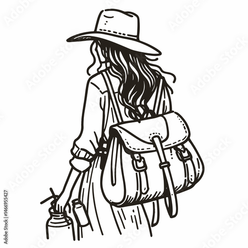 Wallpaper Mural Cowgirl Carrying saddlebag. Western cowgirl Outline Clipart line art doodle vector illustration. Equestrian female hauling gear riding equipment and rustic baggage. Torontodigital.ca