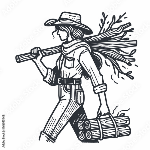 Cowgirl Carrying firewood. Western cowgirl Outline Clipart line art doodle vector illustration. Ranch woman hauling fuel logs rustic country existence natural energy timber.
