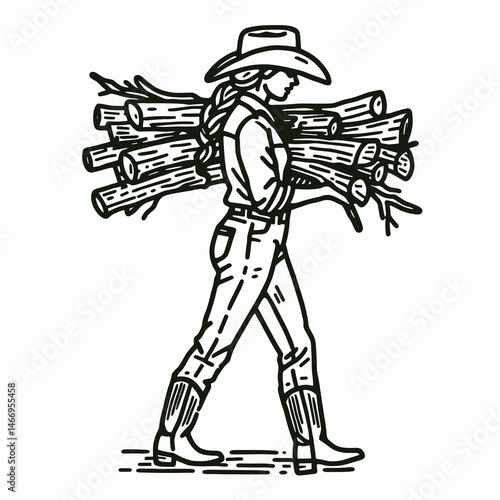Cowgirl Carrying firewood. Western cowgirl Outline Clipart line art doodle vector illustration. Rancher woman toting timber bundle rustic countryside lifestyle scene.