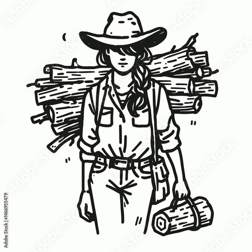 Cowgirl Carrying firewood. Western cowgirl Outline Clipart line art doodle vector illustration. Rural female toting fuel wood ranch woman hauling timber rustic country life.