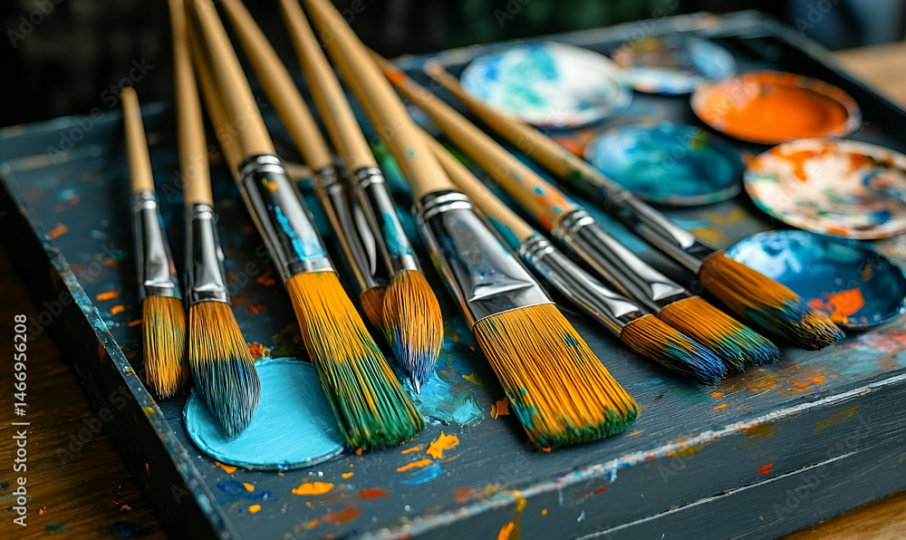 Fototapeta premium Assortment of Paintbrushes on a Paint-Stained Palette