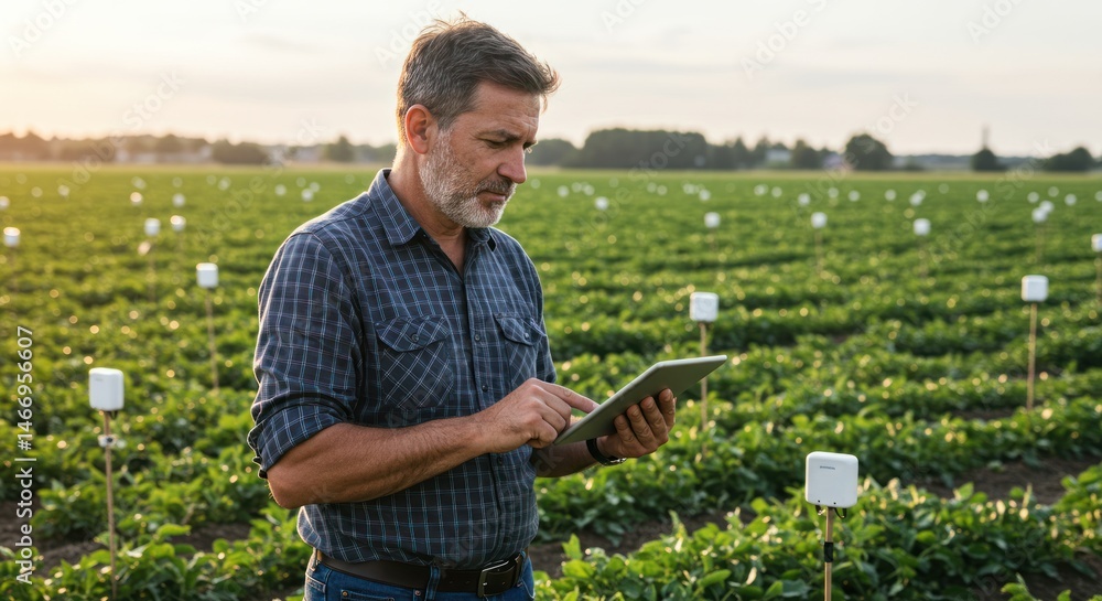 Fototapeta premium Man using tablet in agricultural field with green plants and signs.