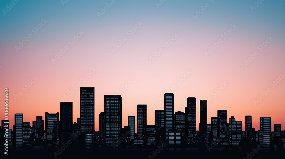 A modern city skyline at sunset with high-rise buildings silhouetted against a colorful sky. A modern city skyline at sunset with high-rise buildings silhouetted against a colorful sky.