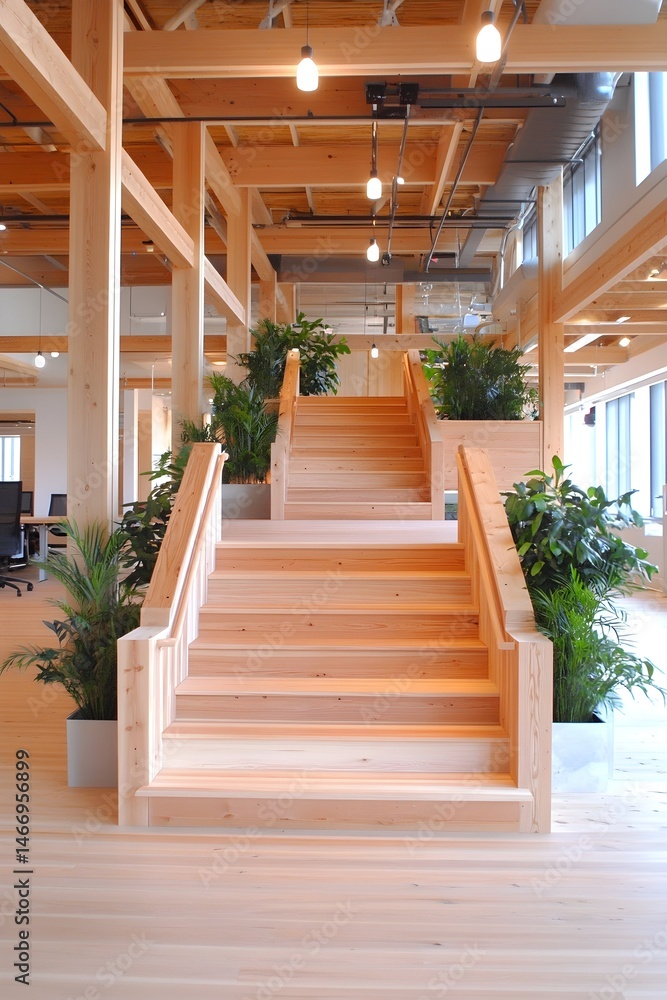 Light-filled office space with a wooden staircase and potted plants Light-filled office space with a wooden staircase and potted plants