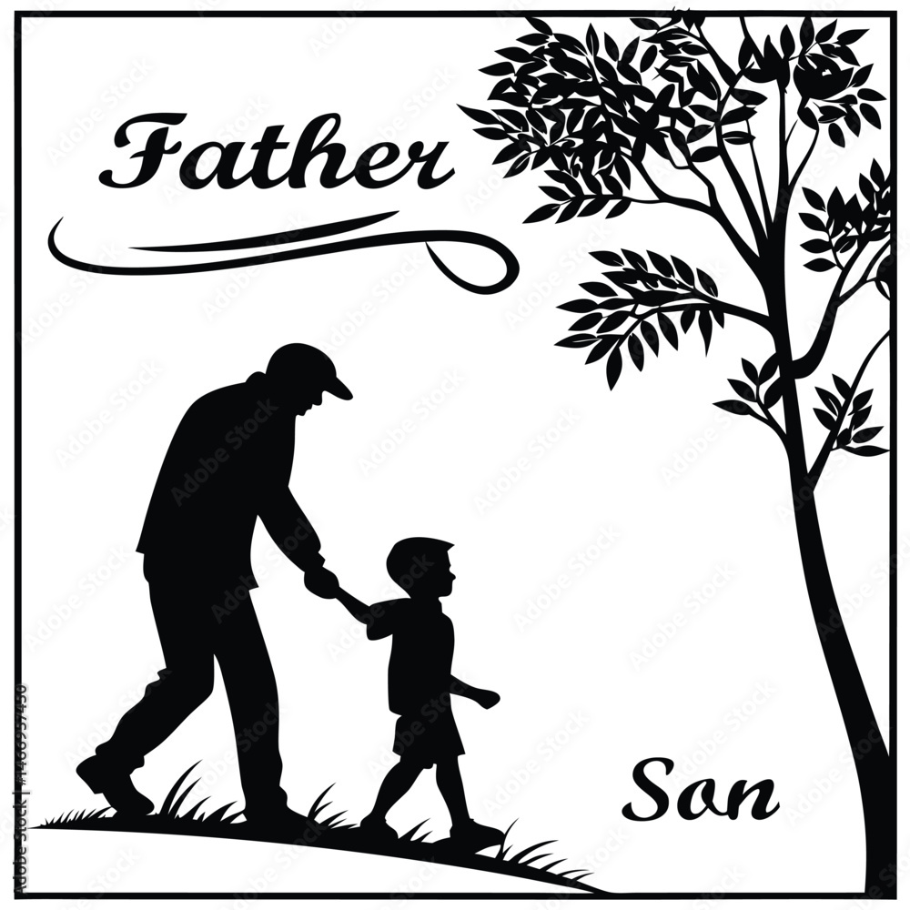 Silhouette of Father and Son Walking Together in Nature Silhouette of Father and Son Walking Together in Nature