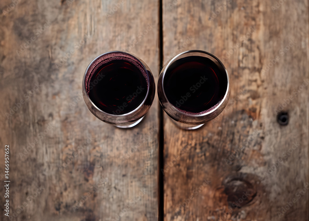 Top-down composition showing two red wine glasses on rustic wooden table, highlighting rich reflections and textures under soft lighting in indoor setting ideal for gourmet or lifestyle visuals.