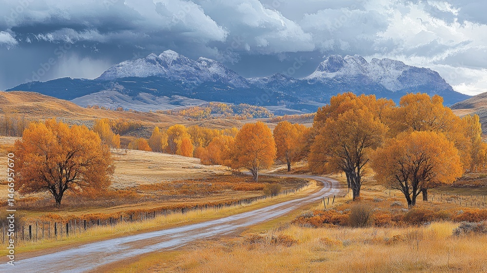 Fototapeta premium Autumn Road with Mountain Vista.