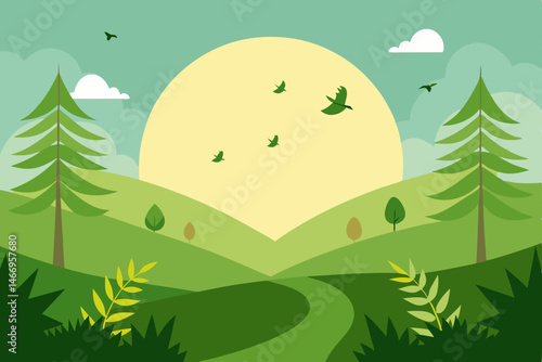 peaceful glade with sunlit ferns and birds singing.svg