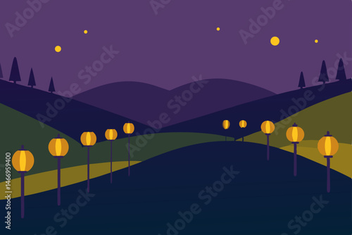 peaceful hillside vineyard at dusk with lanterns 