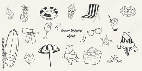 Black whimsical beach cliparts in outline hand drawn style. Flat illustrations of swimsuit, glasses, seastar, ribbon bow, ice cream, coctails, surf board, seashell, seastar, strawberry, lifebuoy.