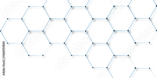 Abstract geometric pattern of blue hexagons with connecting nodes on white background for digital design