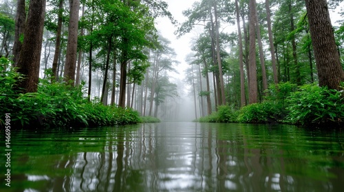Misty forest canal.  Tranquil waterway through a lush green canopy