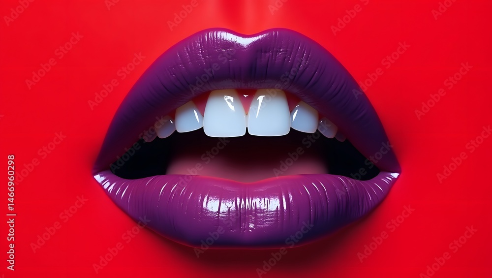 Fototapeta premium Vibrant Vilolet Lipstick on Perfectly Contoured Lips and red background – Glamorous Beauty Close-Up