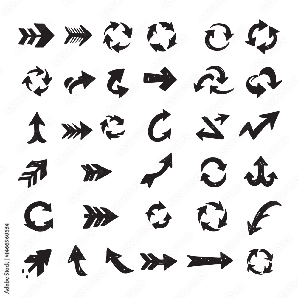 Naklejka premium Modern arrow icon set with hand sketched style arrows in diverse angles useful for apps web design print materials and instructional content