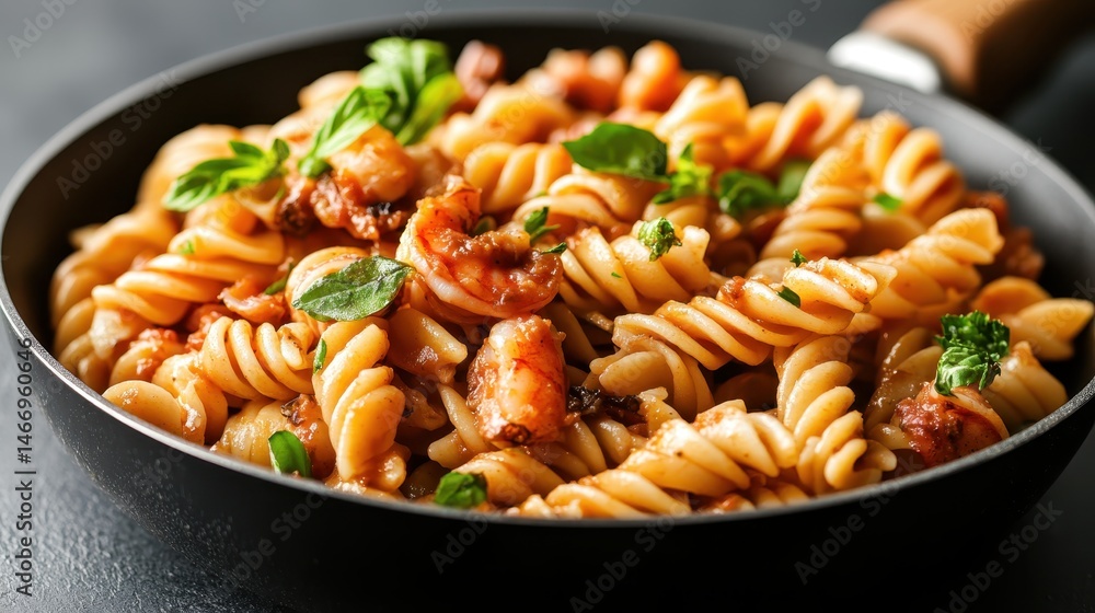 A vibrant serving of fusilli pasta combined with shrimp and a rich tomato-based sauce, bringing together the essence of hearty and comforting meals for joyful moments. A vibrant serving of fusilli pasta combined with shrimp and a rich tomato-based sauce, bringing together the essence of hearty and comforting meals for joyful moments.
