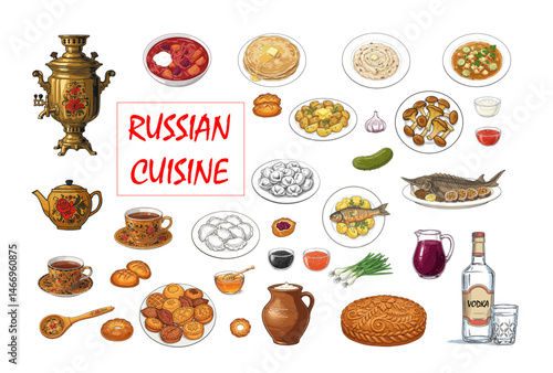Menu of Russian cuisine featuring samovar, traditional dishes, drinks, and snacks, vector illustration, copy space