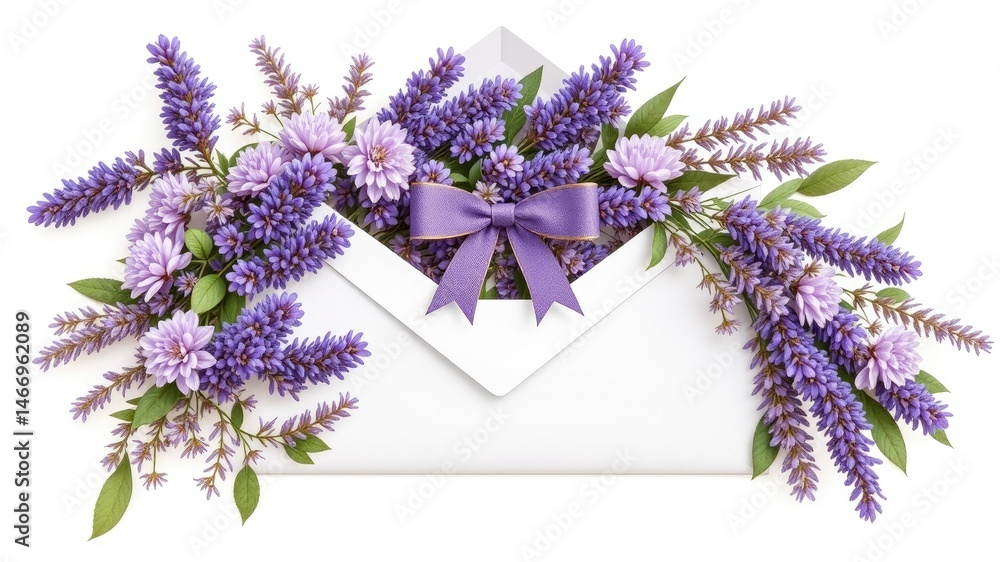 Elegant Lavender Envelope with Bow, Flat Design Illustration
