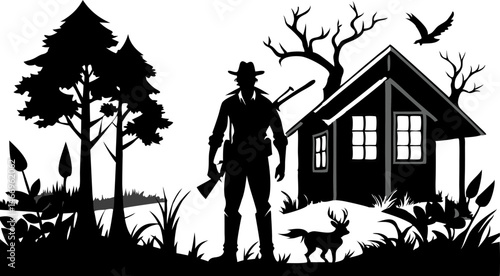 Silhouette of hunter and cabin in the wilderness vector, illustration, silhouette, clipart, horizontal, isolated assets, on transparent background