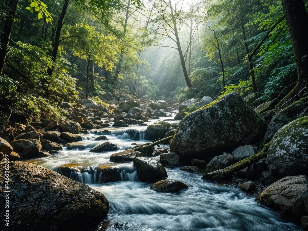 Forest Stream Rocks Sunlight Tranquility