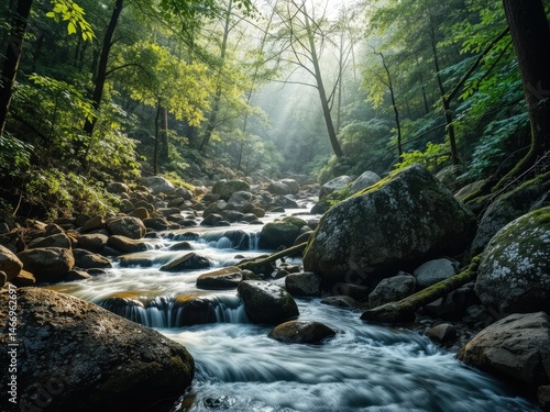 Obraz na płótnie Forest Stream Rocks Sunlight Tranquility w salonie
