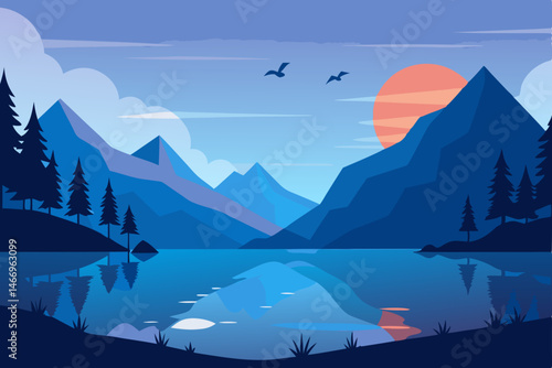 peaceful mountain lake at dawn with geese gliding  