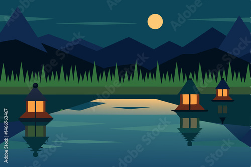 peaceful rice fields at dusk with lanterns reflect (1).svg