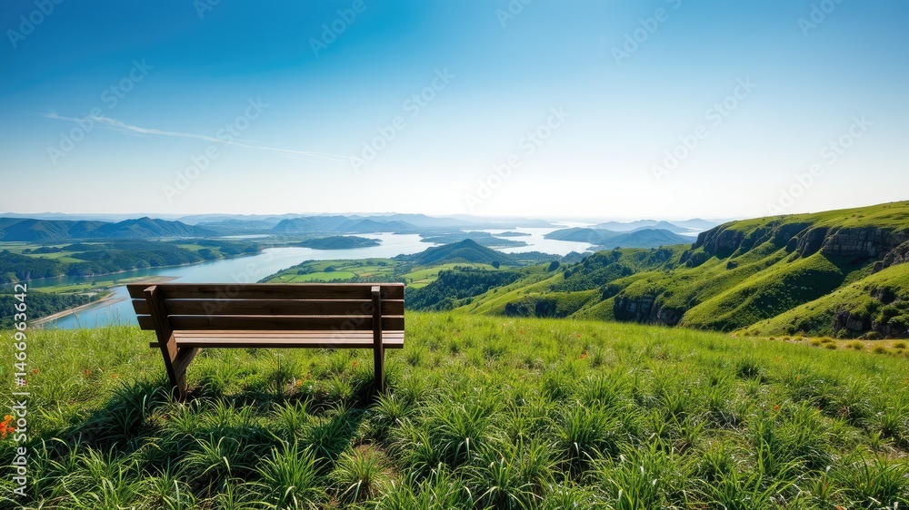 Hilltop Meadow with River View and Empty Bench
