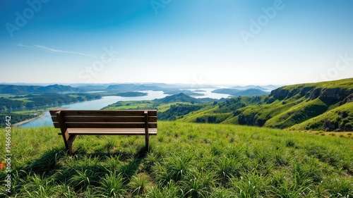 Obraz na płótnie Hilltop Meadow with River View and Empty Bench w salonie