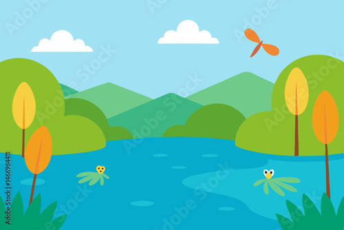 peaceful summer lake with dragonflies skimming the.svg