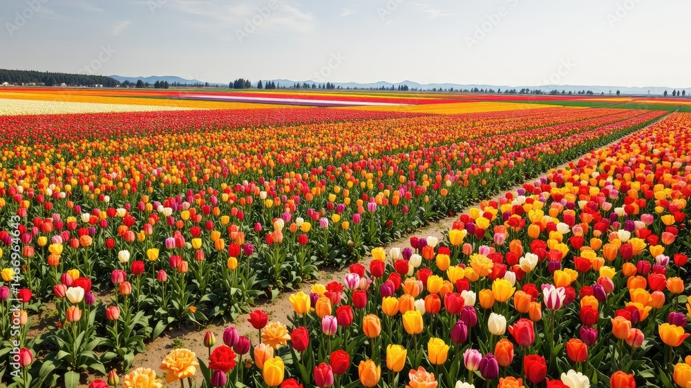 Mount Vernon Tulip Fields - Washington State Aerial Panorama