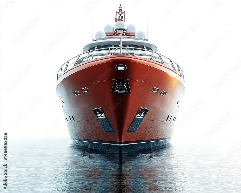 Powerful Red Yacht Foredeck on Calm Water Isolated Against White Background Hyperealistic
