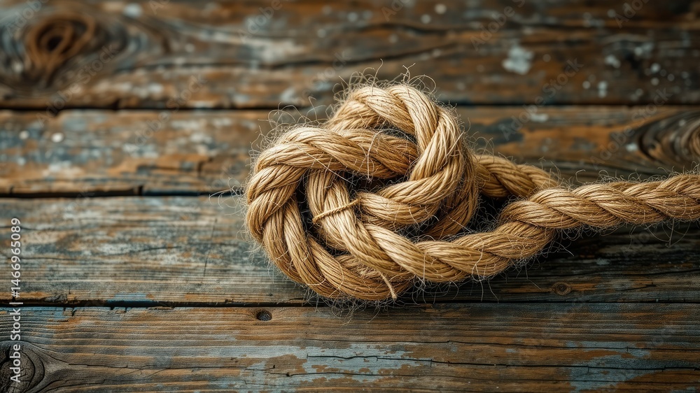 Rustic Wooden Surface with Intricate Nautical Rope Knot