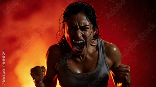 Intense woman screams with clenched fists, sweat flying, against a fiery orange background, symbolizing raw emotion, power, or a dramatic climax for mental health or sports concepts