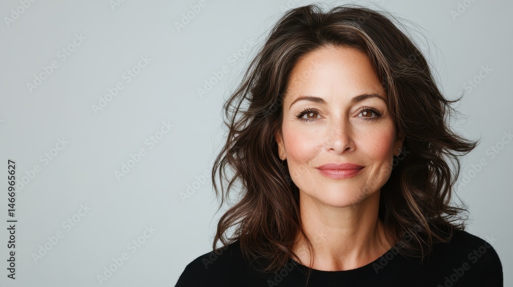 A portrait of a mature woman showcasing her natural beauty and poise, with a subtle smile that conveys confidence and elegance against a soft gray background. A portrait of a mature woman showcasing her natural beauty and poise, with a subtle smile that conveys confidence and elegance against a soft gray background.