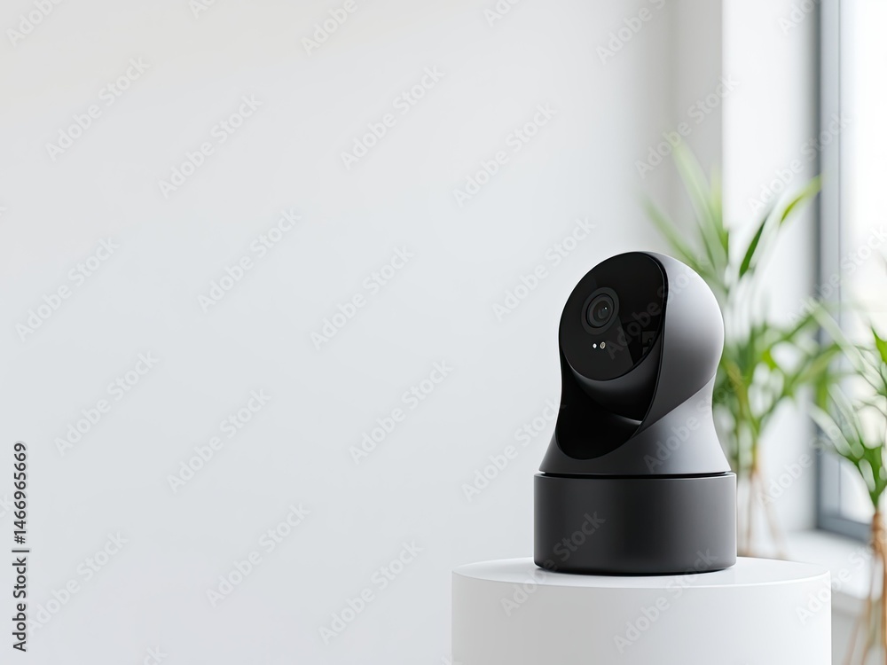 Sleek Black Security Camera on White Pedestal