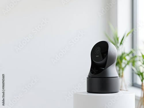 Obraz na płótnie Sleek Black Security Camera on White Pedestal w salonie